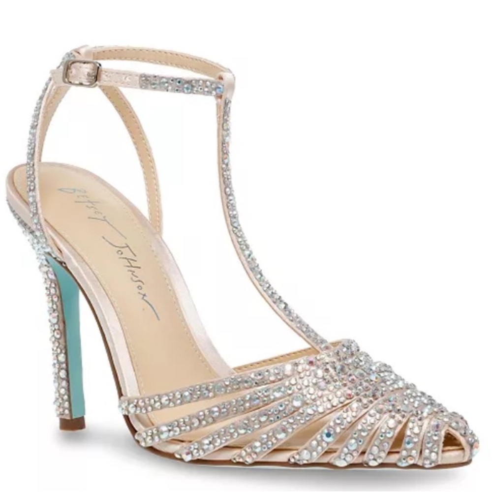 Betsey Johnson Nude Crystal Embellished T-Strap Heels